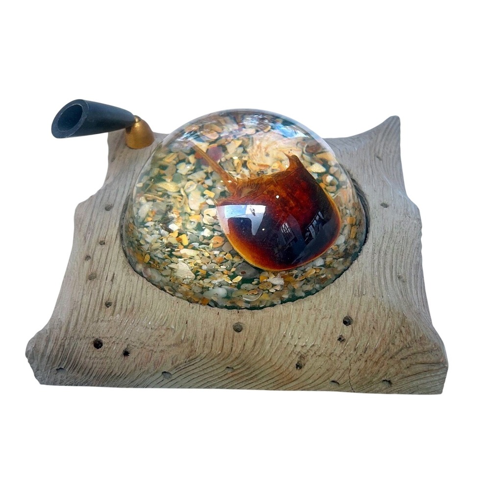 Vintage‎ Fiddler on the Beach Horseshoe Crab Resin Paperweight Cedar Pen Holder